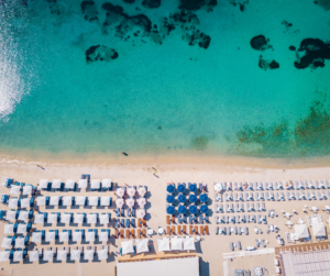 mykonos beach view with umbrellas